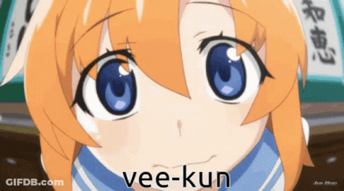 Close Up Cartoon Character With Vee-Kun Below GIF
