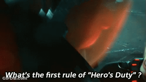 Close Up Face Saying What's The First Rule Of Hero's Duty GIF