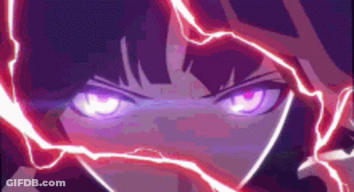 Close Up Face With Purple Eyes And Lightning Bolt GIF