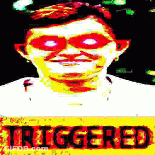 Close Up Face With Red Eyes And Triggered In Yellow GIF