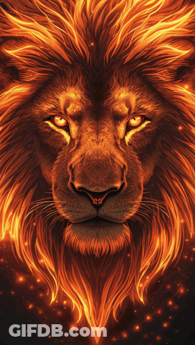 Close Up Lion Face With Flames In Mane GIF