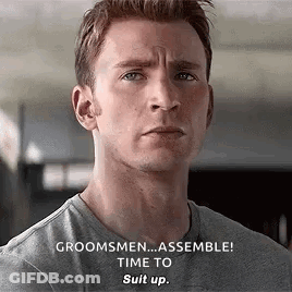 Close Up Man Saying Groomsmen Assemble Time To Suit Up GIF