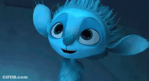Close Up Of Blue Cartoon Character With Big Eyes And Ears GIF