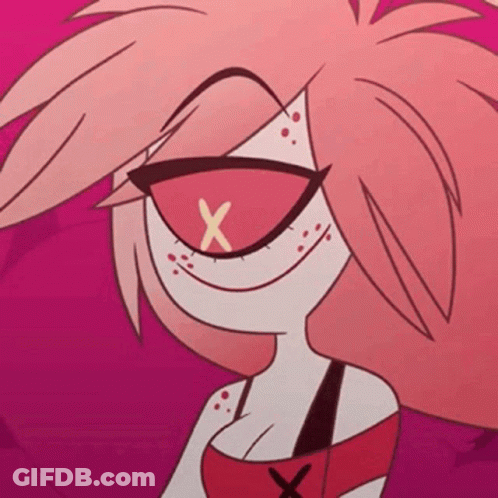 Close Up Of Cartoon Character With Pink Hair And X In Eye GIF