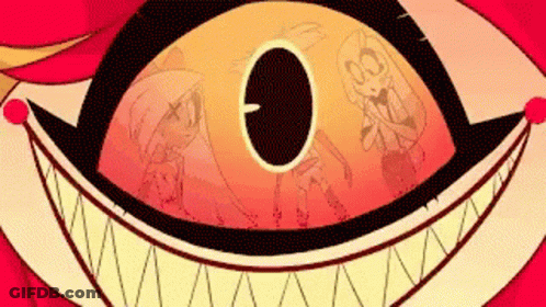 Close Up Of Cartoon Eye With Smile And Character Behind GIF