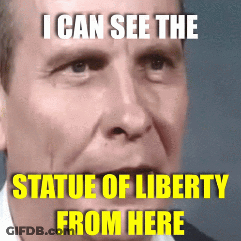Close Up Of Man Saying I Can See The Statue Of Liberty From Here GIF