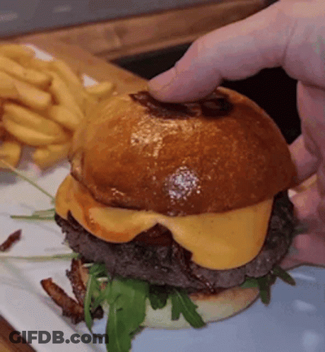 Close Up Of Person Holding Hamburger With Fries GIF