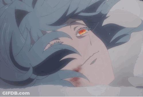 Close Up Of Person's Face With Blue Hair And Red Eyes GIF