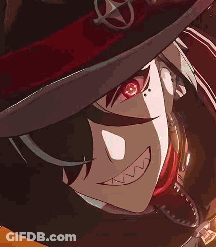 Close Up Of Person With Red Eyes And Hat GIF