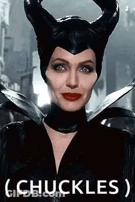 Close Up Of Woman In Maleficent Costume With Horns And Word Chuckles GIF