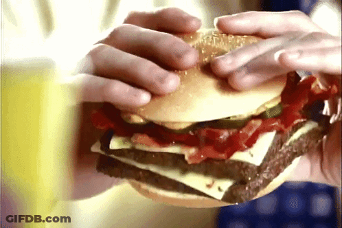 Close Up Person Holding Hamburger With Cheese And Bacon GIF