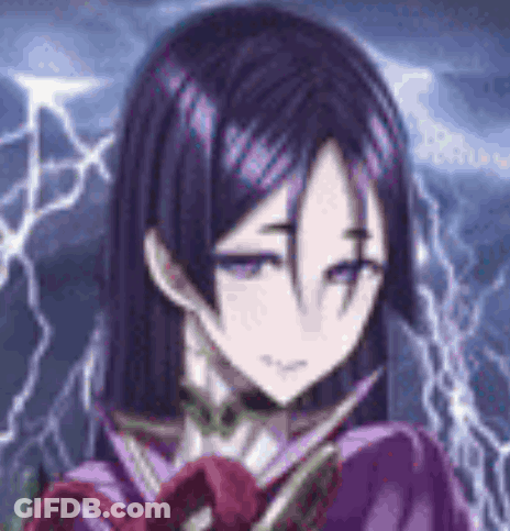 Close Up Person With Purple Hair And Lightning Background GIF