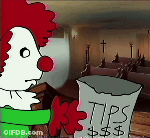 Clown Holding Bag Saying Tips $$$ GIF