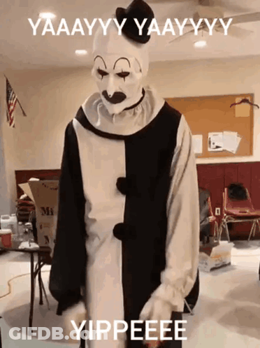 Clown In Black And White Costume Saying Yippeee GIF