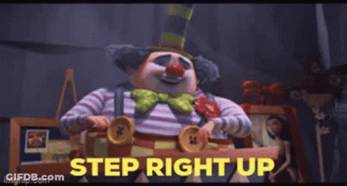 Clown In Top Hat Holding Buttons Says Step Right Up GIF