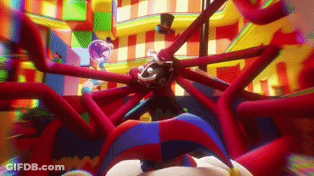 Clown Standing In Colorful Room With Giant Inflatable Octopus GIF