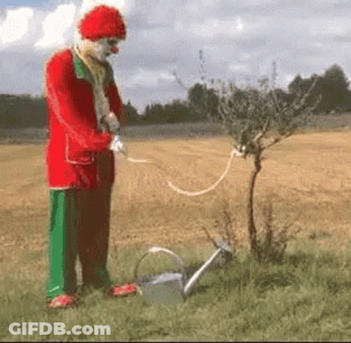 Clown Tying Noose Watering Plant GIF