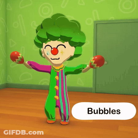 Clown With Green Hair And Red Nose Holding Maracas With Bubbles GIF