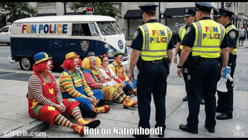 Clowns Sitting On Sidewalk In Front Of Fun Police Van GIF