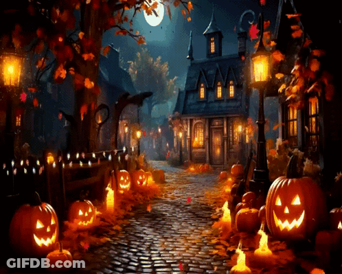 Cobblestone Street With Pumpkins And Candles GIF