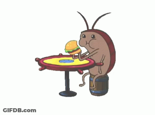 Cockroach Sitting At Table With Hamburger GIF