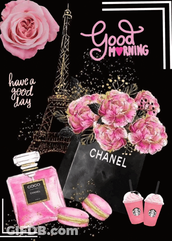 Coco Chanel Perfume Bottle Next To Pink Flowers GIF