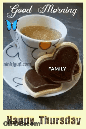 Coffee And Heart Cookies Saying Good Morning Happy Thursday GIF