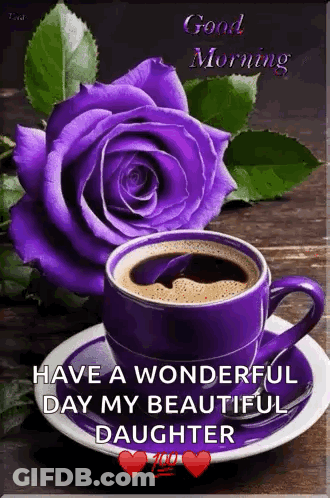 Coffee And Purple Rose Good Morning Message GIF