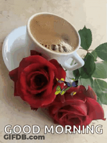 Coffee And Two Red Roses Good Morning GIF