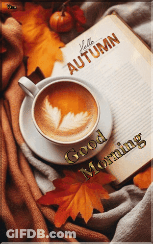 Coffee Cup And Book Saying Hello Autumn GIF