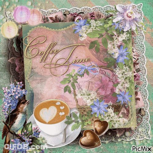 Coffee Cup And Flowers Saying Coffee Time GIF