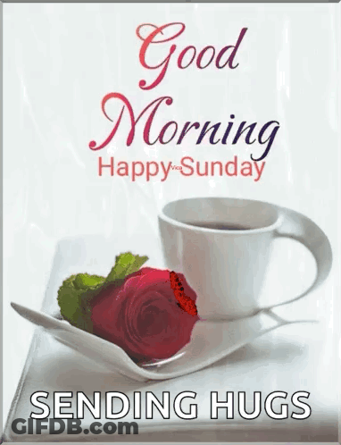 Coffee Cup And Rose With Good Morning Hugs GIF