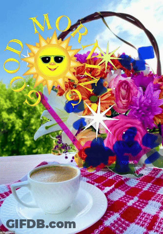 Coffee Cup, Basket Of Flowers, Sun In Sunglasses GIF