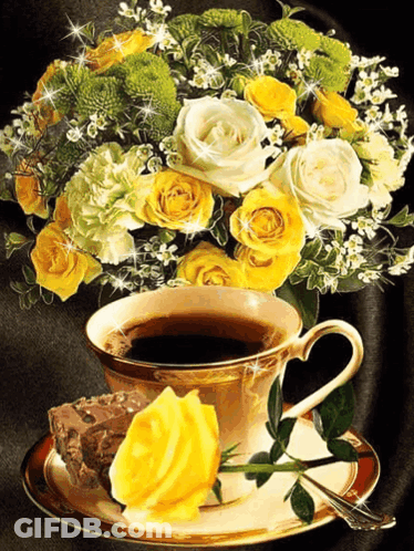 Coffee Cup Beside Yellow And White Flower Bouquet GIF