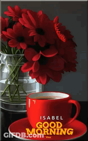 Coffee Cup Next To Red Flower Vase GIF