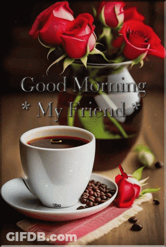 Coffee Cup Next To Red Roses GIF