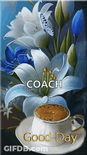 Coffee Cup On Saucer In Front Of Flower And Butterfly Painting GIF