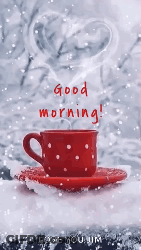 Coffee Cup On Saucer In Snow Good Morning GIF