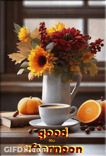 Coffee Cup On Saucer Next To Vase Of Flowers GIF