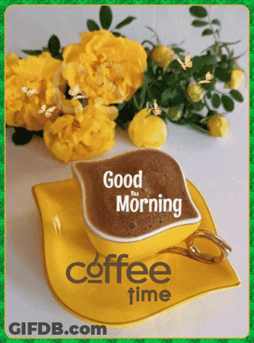 Coffee Cup On Saucer Saying Coffee Time GIF