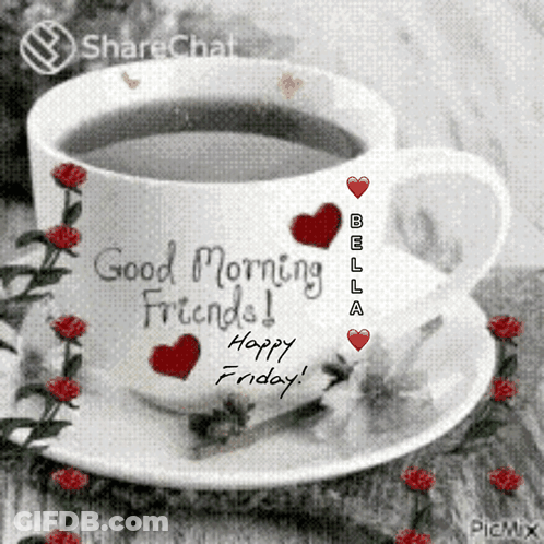 Coffee Cup On Saucer Saying Good Morning Friends GIF