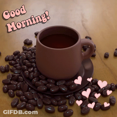 Coffee Cup On Saucer With Beans And Hearts GIF