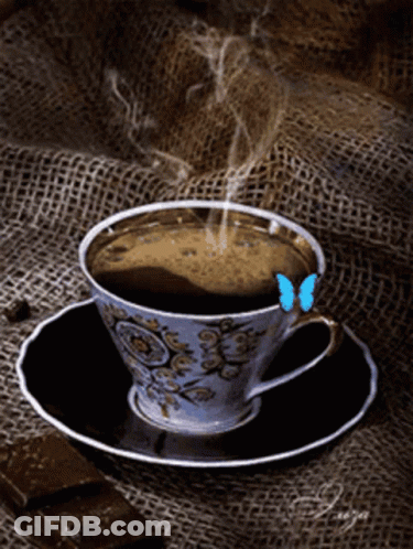 Coffee Cup On Saucer With Blue Butterfly GIF