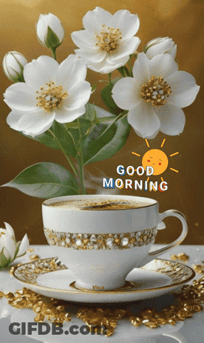 Coffee Cup On Saucer With Bouquet And Good Morning GIF