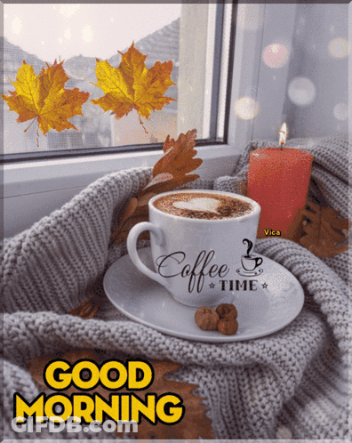 Coffee Cup On Saucer With Candle And Blanket Good Morning GIF