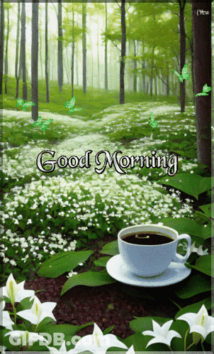 Coffee Cup On Saucer With Forest And Good Morning GIF