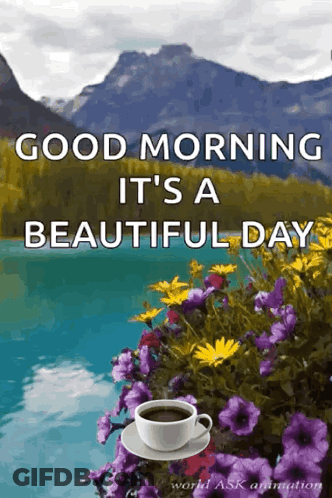 Coffee Cup On Saucer With Lake And Mountains GIF