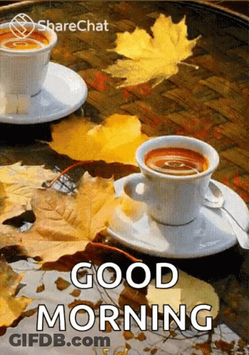 Coffee Cup On Saucer With Leaves Saying Good Morning GIF