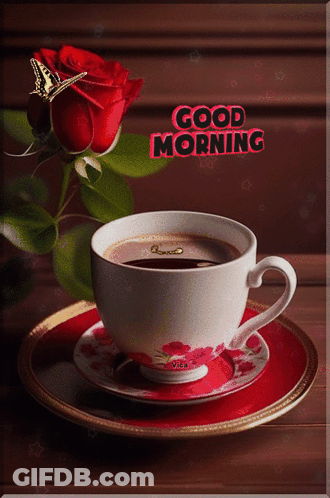 Coffee Cup On Saucer With Red Rose Good Morning GIF
