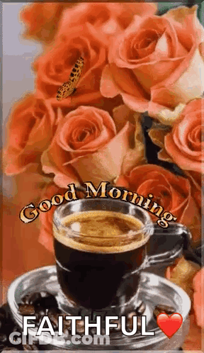 Coffee Cup On Saucer With Roses And Butterfly GIF